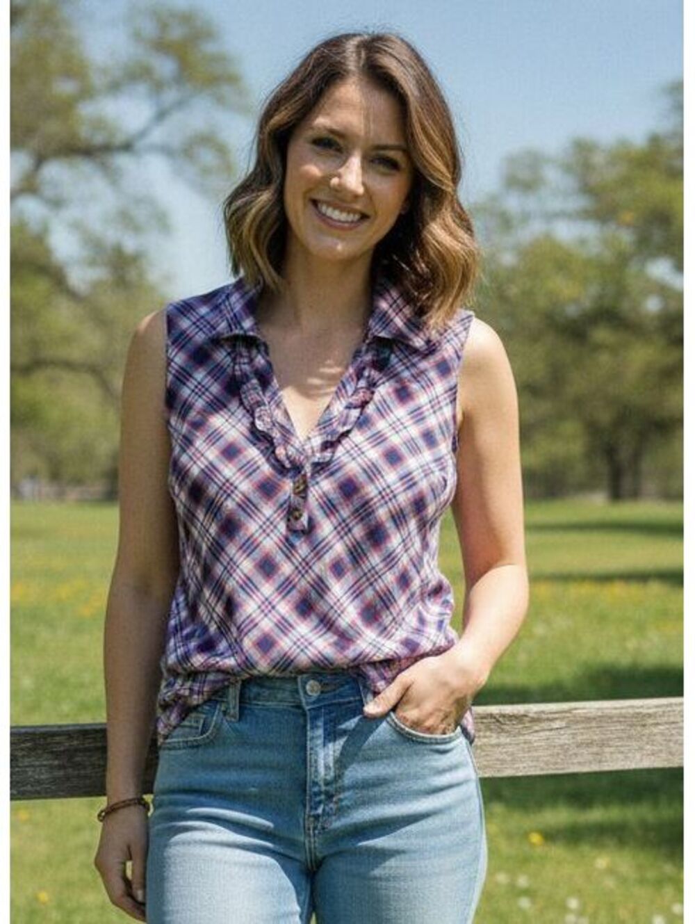 Sport Haley Red White Blue Plaid Sleeveless Ruffle V-Neck Polo Top XS